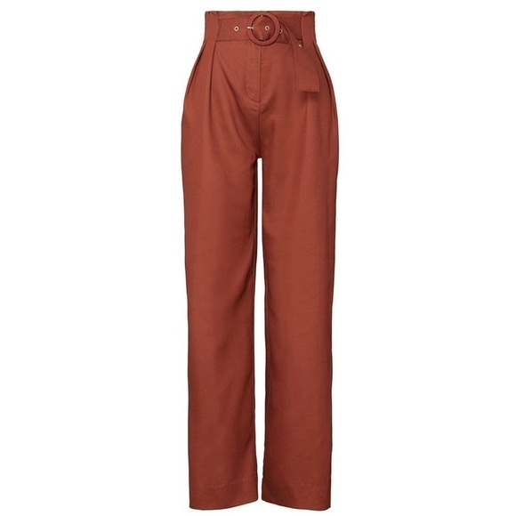 SWEET BABY JAMIE High Rise Rust Flowy Wide Leg Pleated Paperbag Waist Trousers 4 - Picture 5 of 8